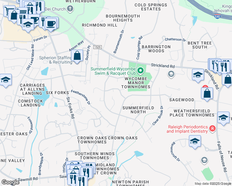 map of restaurants, bars, coffee shops, grocery stores, and more near 8304 Persimmon Court in Raleigh