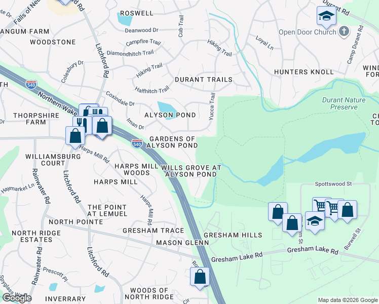map of restaurants, bars, coffee shops, grocery stores, and more near 2605 Meadow Star Court in Raleigh