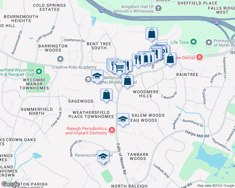 map of restaurants, bars, coffee shops, grocery stores, and more near in Raleigh