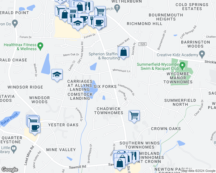 map of restaurants, bars, coffee shops, grocery stores, and more near 200 Royal Kings Lane in Raleigh