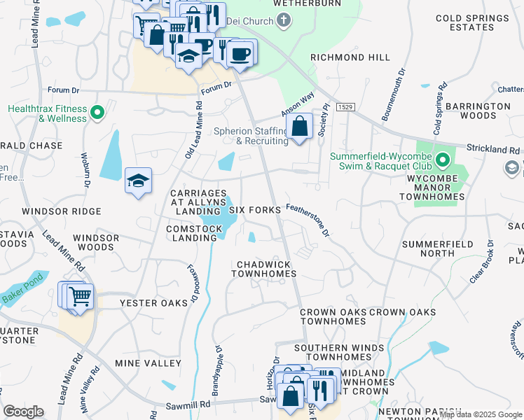 map of restaurants, bars, coffee shops, grocery stores, and more near 200 Royal Kings Lane in Raleigh