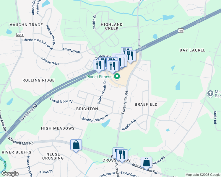 map of restaurants, bars, coffee shops, grocery stores, and more near 7511 Estey Road in Raleigh