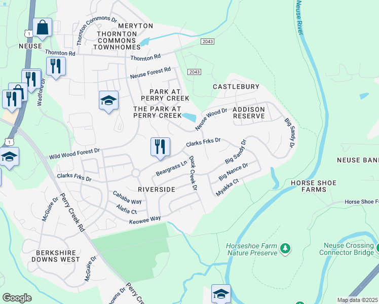 map of restaurants, bars, coffee shops, grocery stores, and more near 8232 Duck Creek Drive in Raleigh