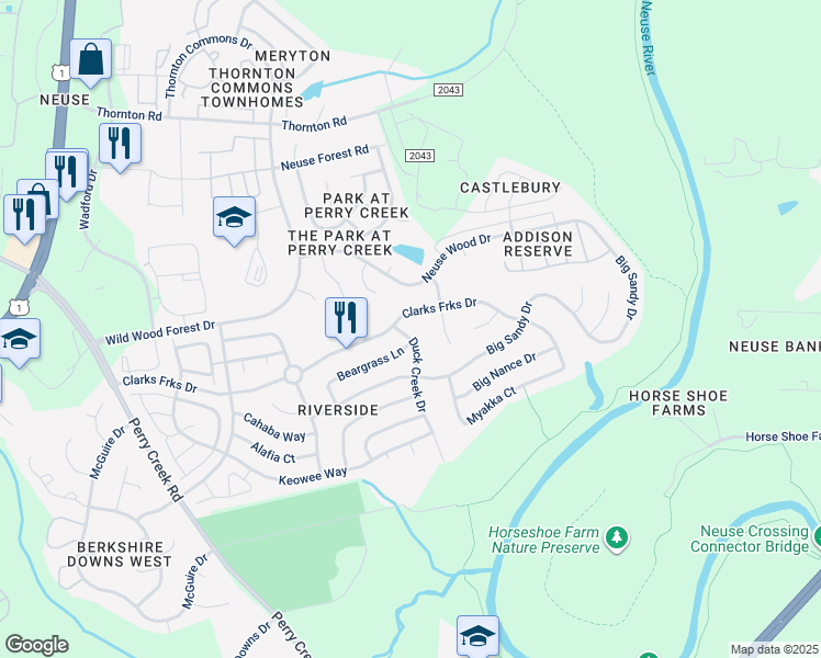 map of restaurants, bars, coffee shops, grocery stores, and more near 8232 Duck Creek Drive in Raleigh