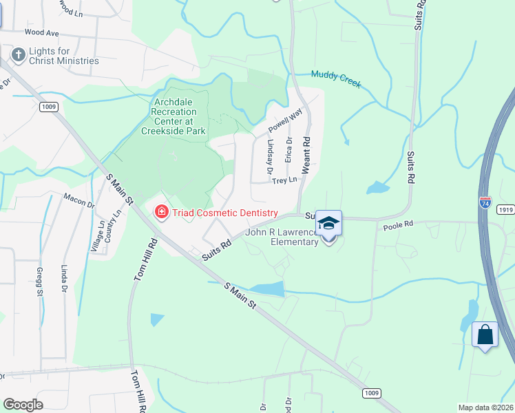 map of restaurants, bars, coffee shops, grocery stores, and more near 613 Powell Way in Archdale