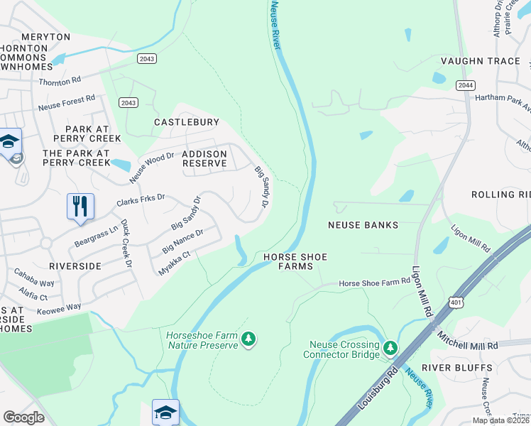 map of restaurants, bars, coffee shops, grocery stores, and more near 6240 Big Sandy Drive in Raleigh