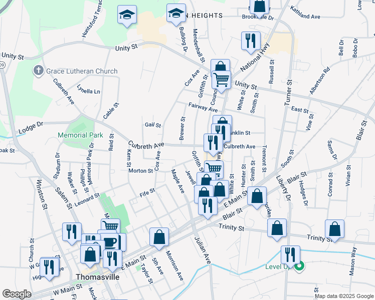 map of restaurants, bars, coffee shops, grocery stores, and more near 602 Culbreth Avenue in Thomasville