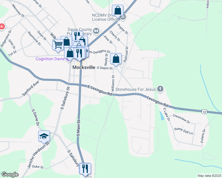 map of restaurants, bars, coffee shops, grocery stores, and more near 153 Williams Street in Mocksville