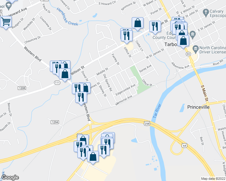 map of restaurants, bars, coffee shops, grocery stores, and more near 303 Old Sparta Road in Tarboro