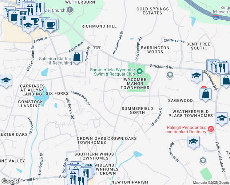map of restaurants, bars, coffee shops, grocery stores, and more near 8304 Persimmon Court in Raleigh