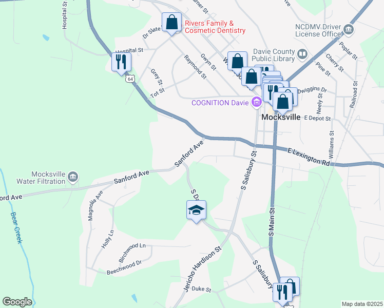 map of restaurants, bars, coffee shops, grocery stores, and more near 504 Sanford Avenue in Mocksville