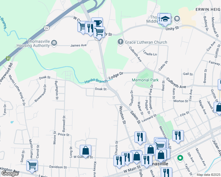 map of restaurants, bars, coffee shops, grocery stores, and more near Salem Street in Thomasville