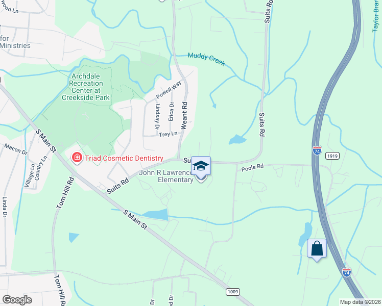 map of restaurants, bars, coffee shops, grocery stores, and more near 1 Suits Road in Archdale