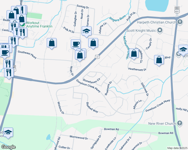 map of restaurants, bars, coffee shops, grocery stores, and more near 304 Dundee Drive in Franklin