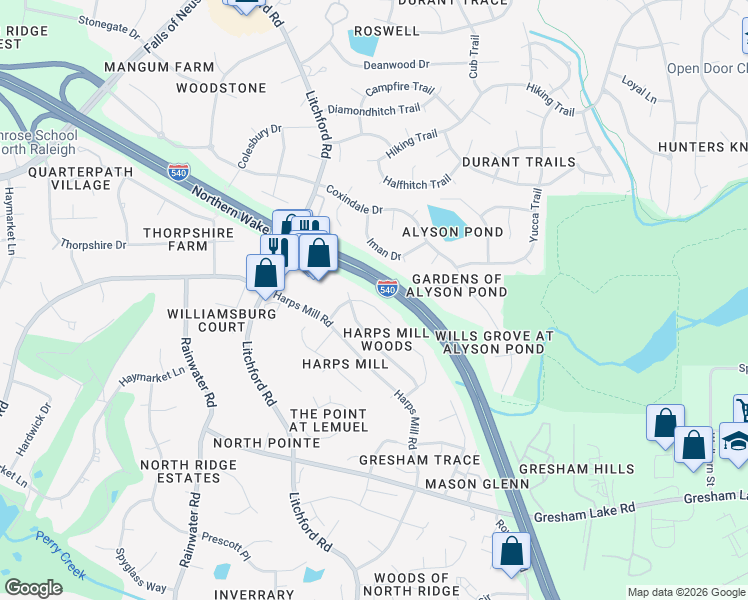 map of restaurants, bars, coffee shops, grocery stores, and more near 7817 Harps Mill Woods Run in Raleigh