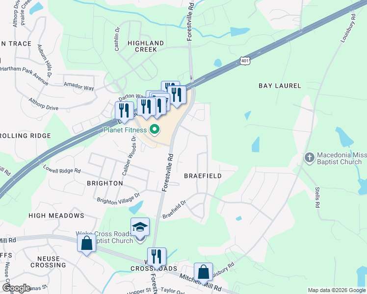 map of restaurants, bars, coffee shops, grocery stores, and more near 8246 Marshall Brae Drive in Raleigh