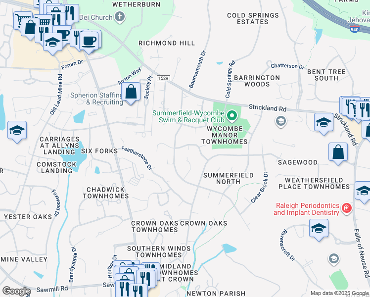 map of restaurants, bars, coffee shops, grocery stores, and more near 8325 Apple Orchard Way in Raleigh