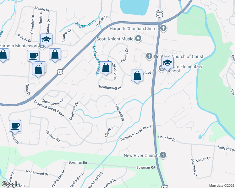 map of restaurants, bars, coffee shops, grocery stores, and more near 135 Heathersett Drive in Franklin
