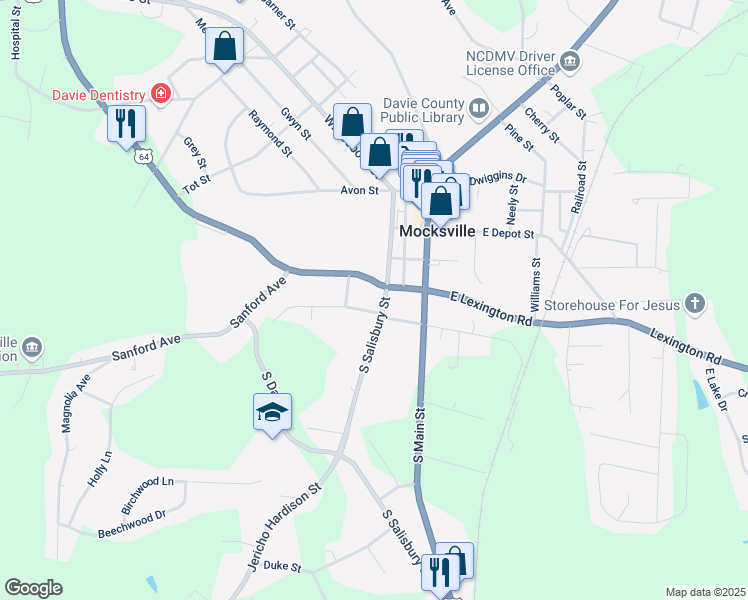 map of restaurants, bars, coffee shops, grocery stores, and more near 491 South Salisbury Street in Mocksville