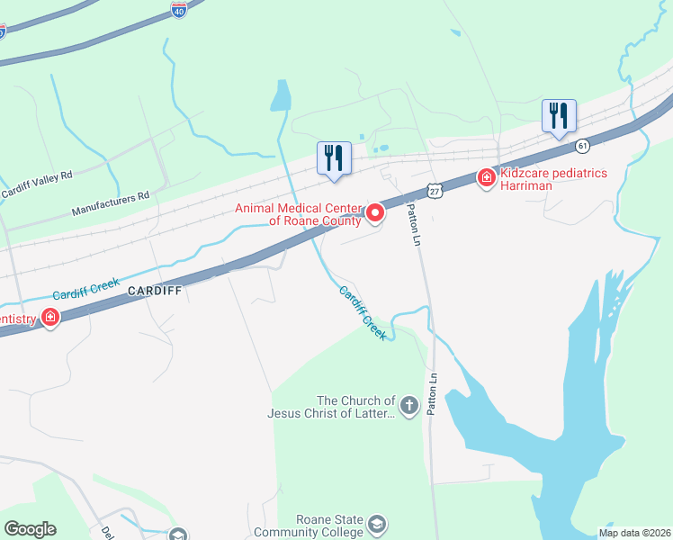 map of restaurants, bars, coffee shops, grocery stores, and more near 129 Old Patton Lane in Harriman