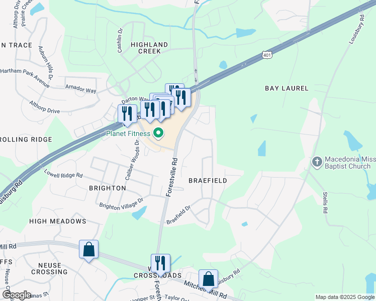 map of restaurants, bars, coffee shops, grocery stores, and more near 8233 Marshall Brae Drive in Raleigh