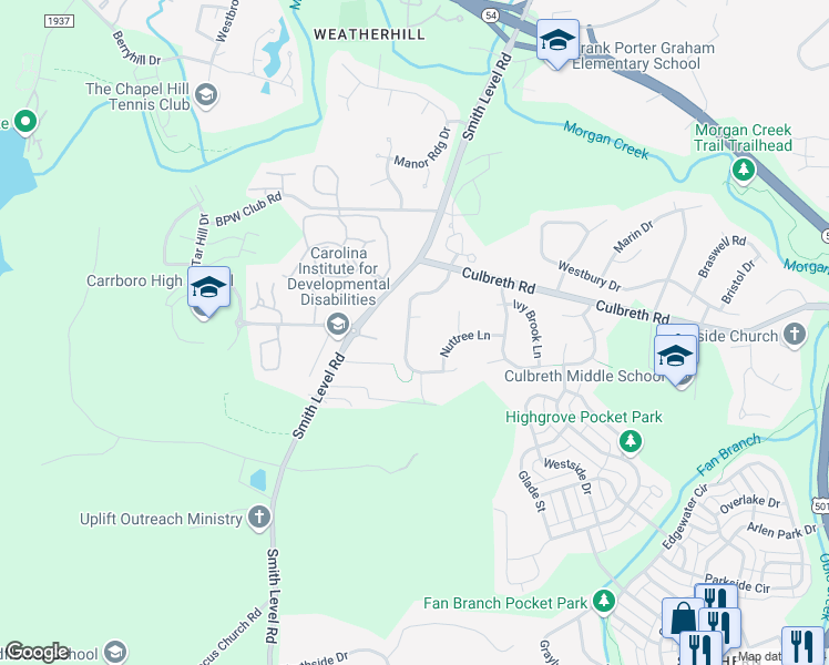 map of restaurants, bars, coffee shops, grocery stores, and more near 306 Rossburn Way in Chapel Hill
