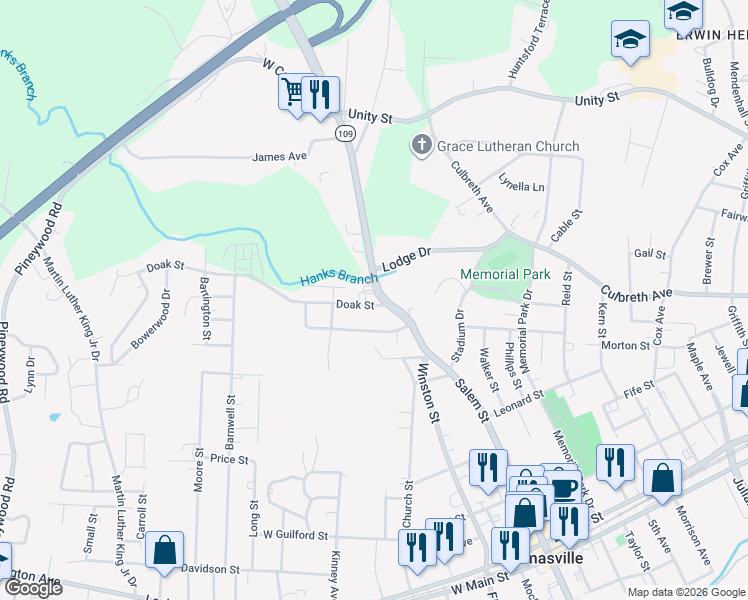 map of restaurants, bars, coffee shops, grocery stores, and more near 112 Doak Street in Thomasville