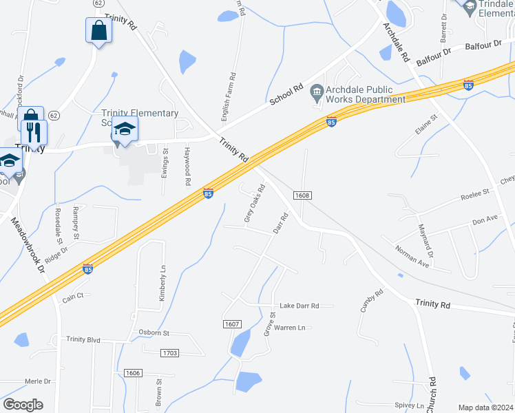 map of restaurants, bars, coffee shops, grocery stores, and more near Grey Oaks Road in Trinity