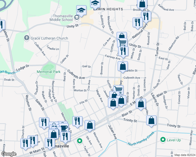map of restaurants, bars, coffee shops, grocery stores, and more near 505 Culbreth Avenue in Thomasville
