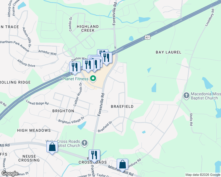 map of restaurants, bars, coffee shops, grocery stores, and more near 8233 Marshall Brae Drive in Raleigh