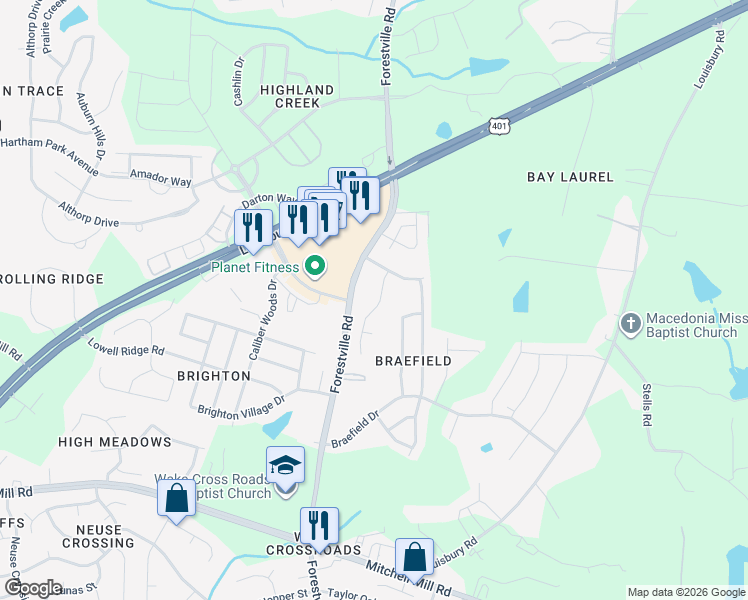 map of restaurants, bars, coffee shops, grocery stores, and more near 8246 Marshall Brae Drive in Raleigh