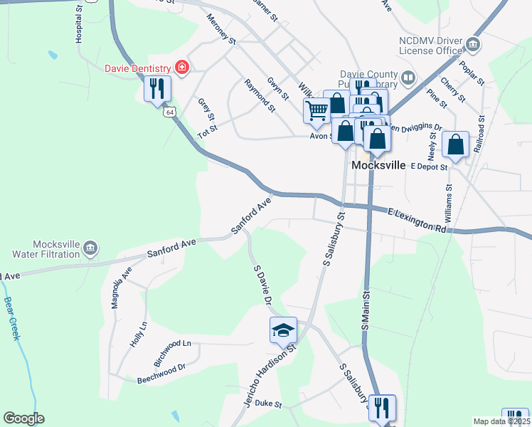 map of restaurants, bars, coffee shops, grocery stores, and more near 444 Sanford Avenue in Mocksville