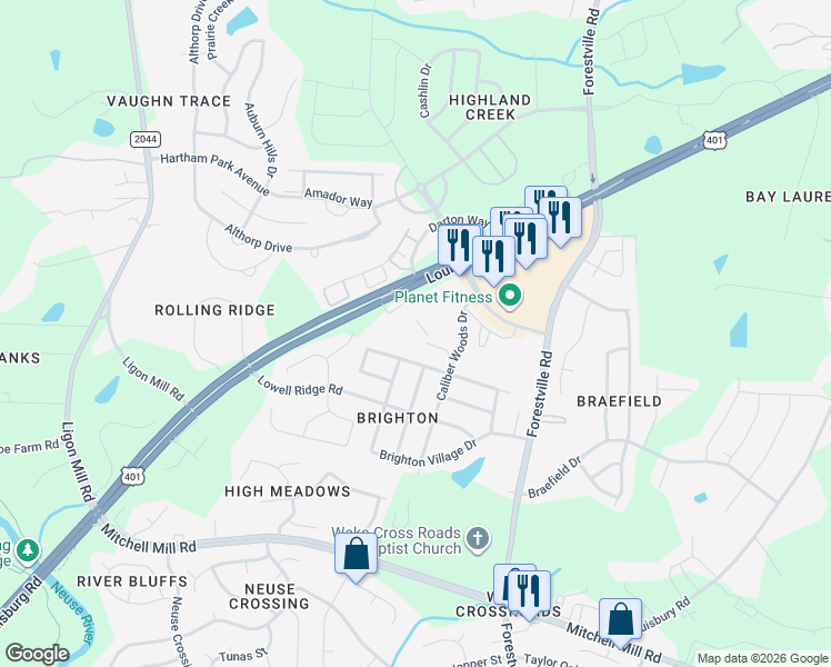 map of restaurants, bars, coffee shops, grocery stores, and more near 8324 Louisburg Road in Raleigh