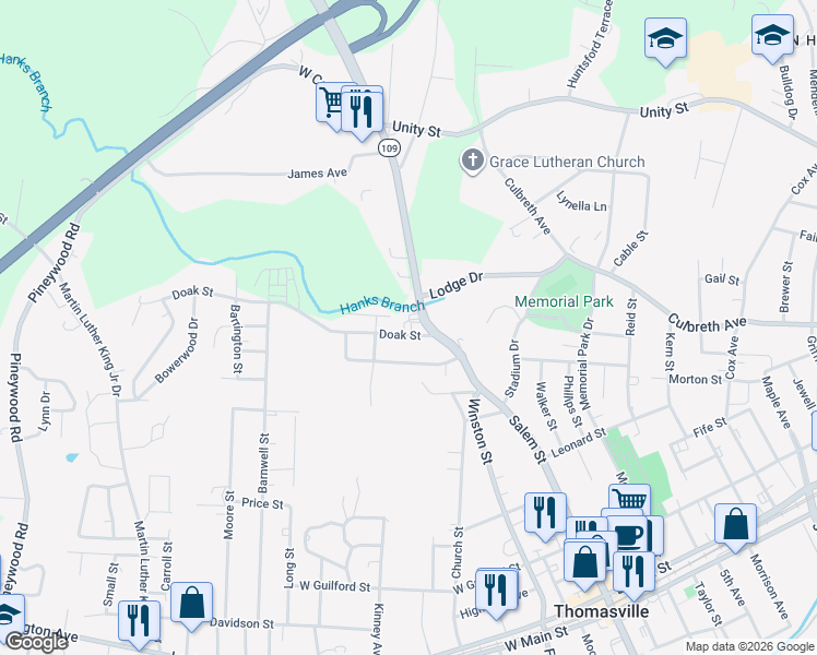 map of restaurants, bars, coffee shops, grocery stores, and more near 112 Doak Street in Thomasville