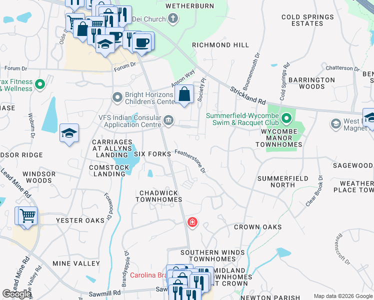 map of restaurants, bars, coffee shops, grocery stores, and more near 7928 Featherstone Drive in Raleigh