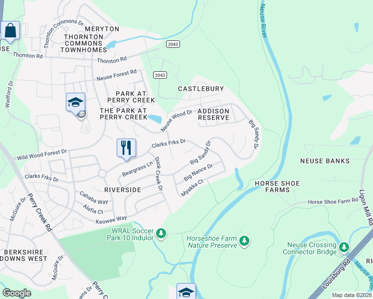 map of restaurants, bars, coffee shops, grocery stores, and more near 8221 Manatee Court in Raleigh