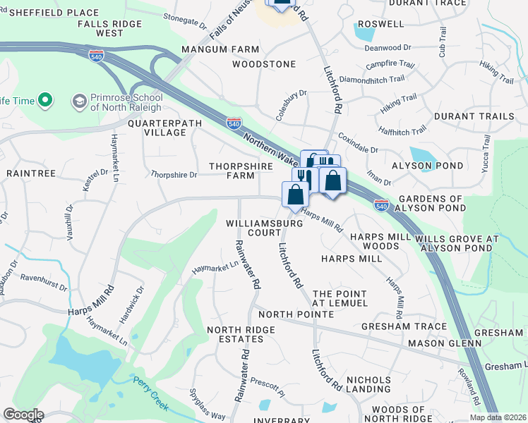 map of restaurants, bars, coffee shops, grocery stores, and more near 8213 Bellingham Circle in Raleigh