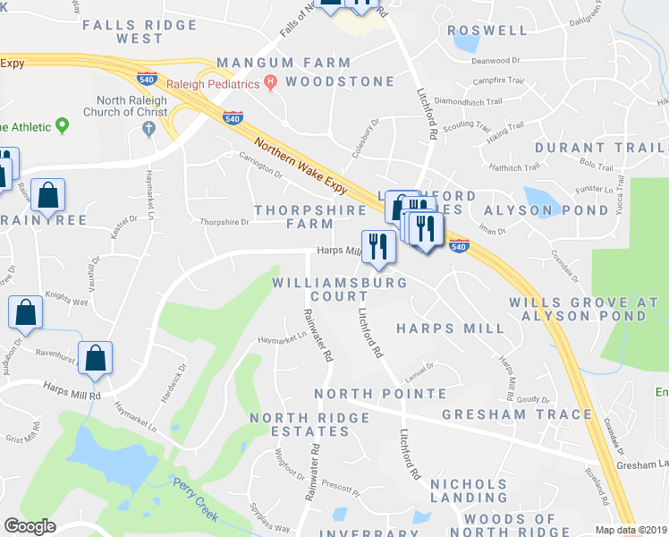 map of restaurants, bars, coffee shops, grocery stores, and more near 8304 Harps Mill Road in Raleigh
