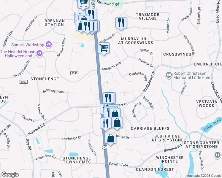 map of restaurants, bars, coffee shops, grocery stores, and more near 7818 Falcon Rest Circle in Raleigh