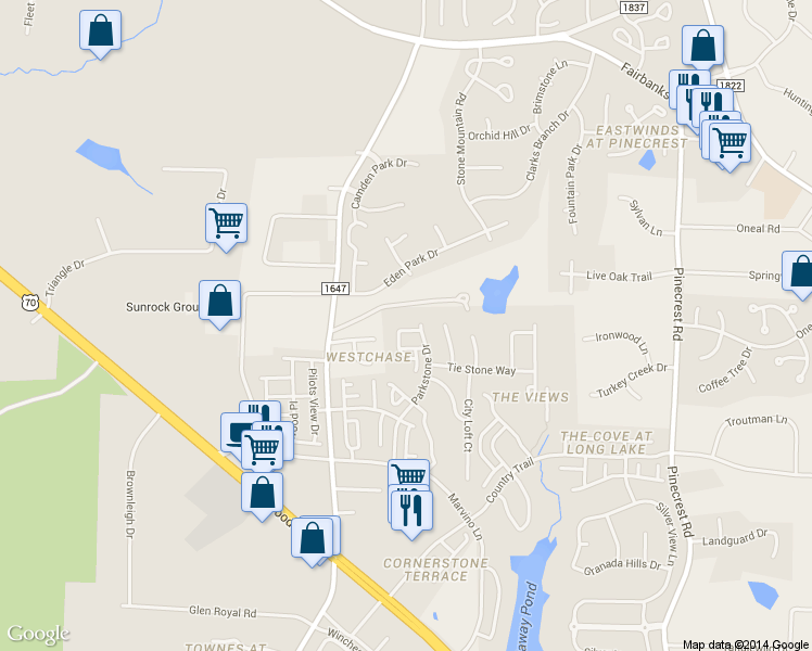 map of restaurants, bars, coffee shops, grocery stores, and more near 8508 Flying Buttress Drive in Raleigh