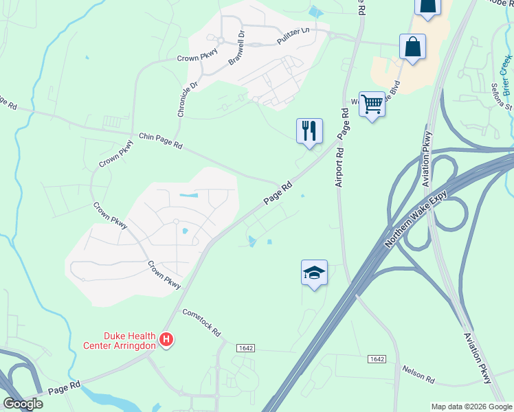 map of restaurants, bars, coffee shops, grocery stores, and more near 4110 Page Road in Morrisville