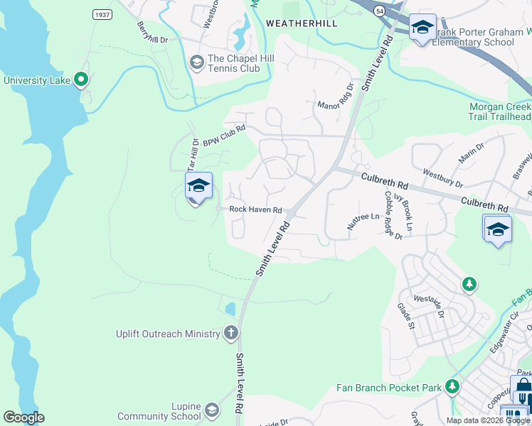 map of restaurants, bars, coffee shops, grocery stores, and more near 600 Smith Level Road in Chapel Hill