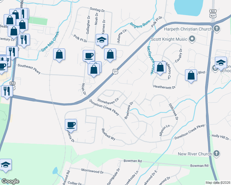 map of restaurants, bars, coffee shops, grocery stores, and more near 214 Stonehaven Circle in Franklin