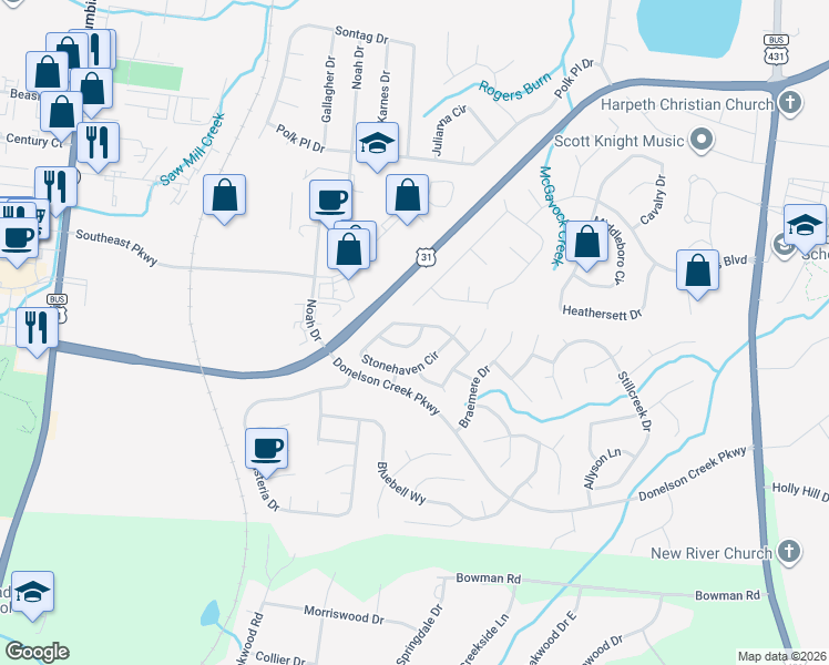 map of restaurants, bars, coffee shops, grocery stores, and more near 226 Stonehaven Circle in Franklin