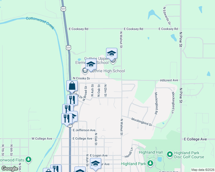 map of restaurants, bars, coffee shops, grocery stores, and more near 1409 North Elm Street in Guthrie