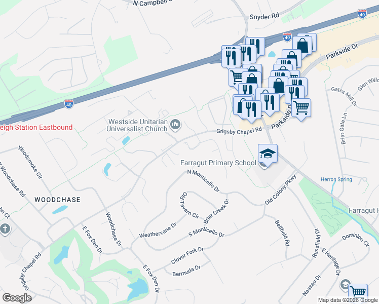 map of restaurants, bars, coffee shops, grocery stores, and more near 11634 Channing Lane in Knoxville