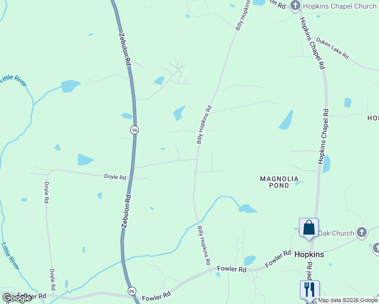 map of restaurants, bars, coffee shops, grocery stores, and more near 3925 Billy Hopkins Road in Zebulon