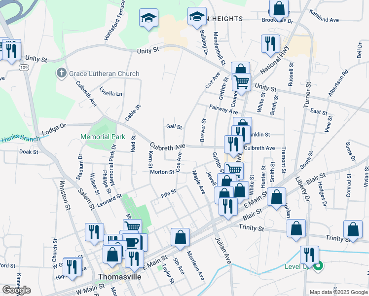 map of restaurants, bars, coffee shops, grocery stores, and more near 407 Cox Avenue in Thomasville