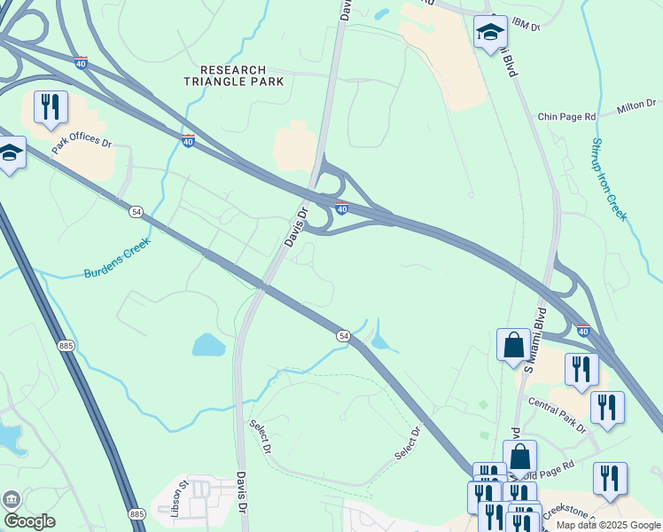 map of restaurants, bars, coffee shops, grocery stores, and more near 21 Davis Drive in Durham County