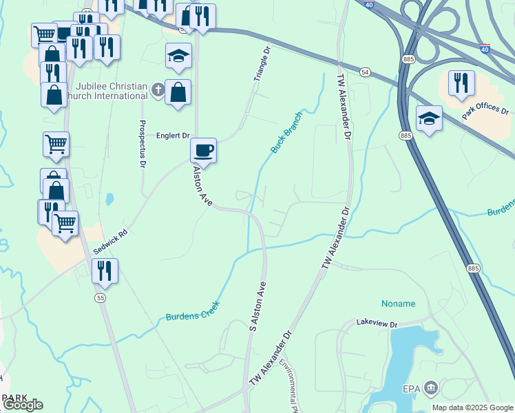 map of restaurants, bars, coffee shops, grocery stores, and more near 5011 South Alston Avenue in Durham